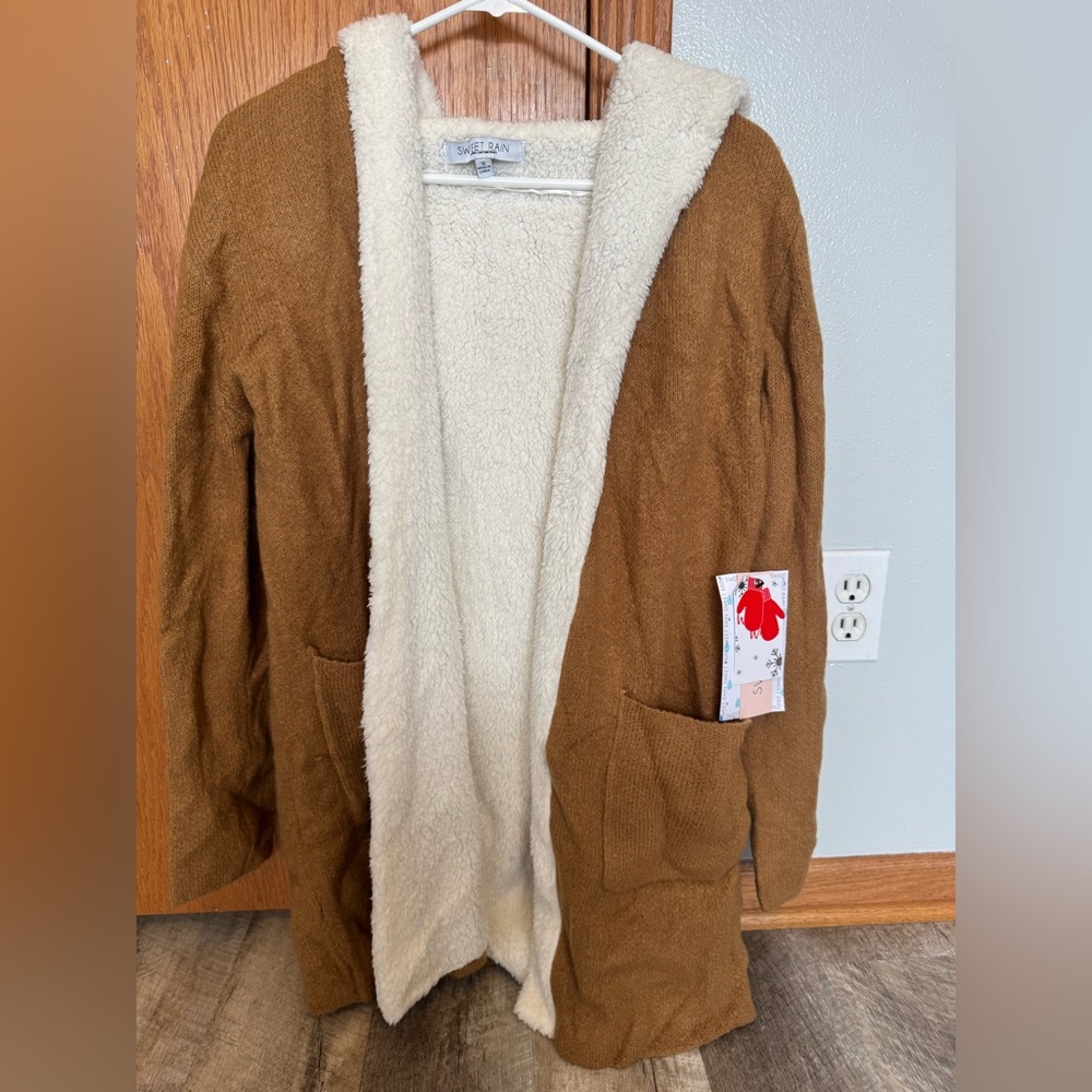 Sweet Rain size SMALL mustard/rust sherpa lined long sweater, NWT, pockets